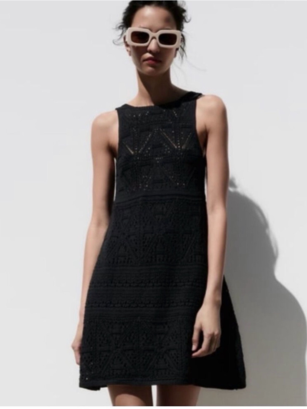 Zara Black Sleeveless Crochet A-Line Dress with Geometric Texture